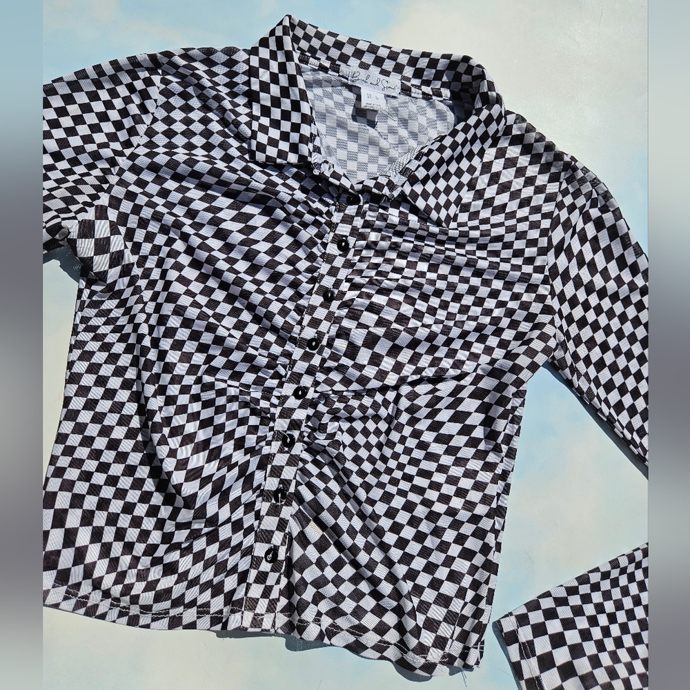 Checkered Mesh Button Down Funky Button Down Cool… - image 3